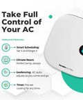 Smart Air Conditioner Controller With Built-In Air Quality Sensor beside feature list in green icons on white background.
