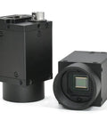 Industrial GigE Camera With Global Shutter 1.3MP One Half Inch Sensor, front and side view, C Mount Lens for Machine Vision and Robotics.