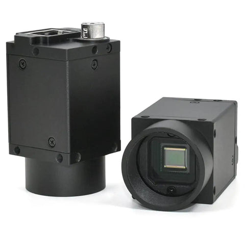 Industrial GigE Camera With Global Shutter 1.3MP One Half Inch Sensor, front and side view, C Mount Lens for Machine Vision and Robotics.