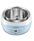 Fully Automatic Smart Yogurt Maker With Premium Stainless Steel Fermenting Jar, blue exterior, touch control panel, compact design.
