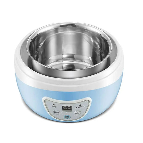 Fully Automatic Smart Yogurt Maker With Premium Stainless Steel Fermenting Jar, blue exterior, touch control panel, compact design.