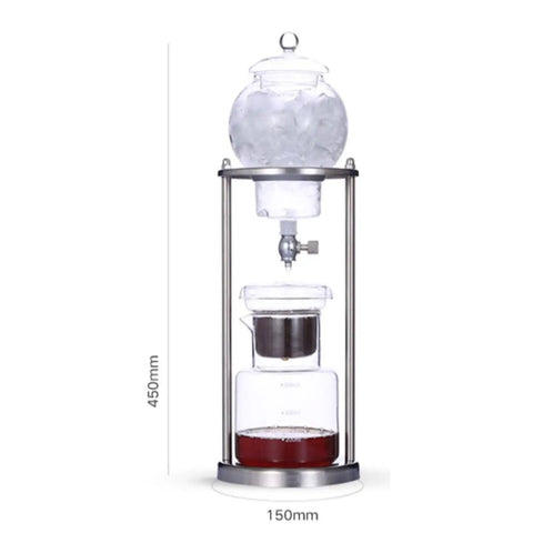 Premium Stainless Steel And Borosilicate Glass Cold Brew Coffee Maker featuring Rapid Drip System with ice container and glass carafe.