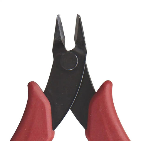 Ultra Slim 5-Inch Diagonal Flush Cutters For Micro Wire And Zip Ties, Precise Flat Cut with red handles, front view.
