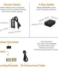 Dimmer switch, 4-way splitter, modular connector, screws, and 3ft interconnect cable for 12 Inch Warm White LED Under Cabinet Lighting Kit with 3 Panels.
