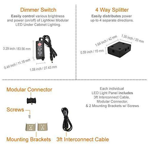 Dimmer switch, 4-way splitter, modular connector, screws, and 3ft interconnect cable for 12 Inch Warm White LED Under Cabinet Lighting Kit with 3 Panels.