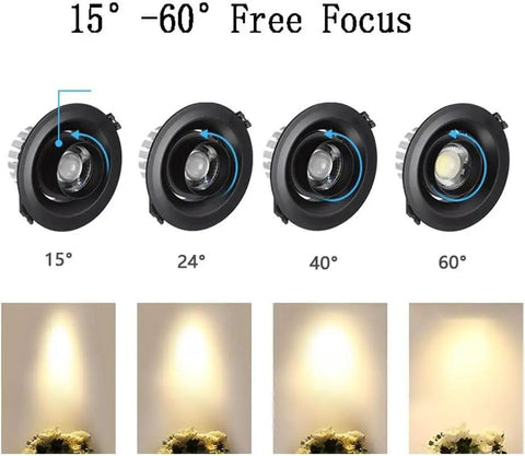 DJVHSRI Recessed Lighting Housing Trim Kits Adjustable Angle Ceiling Downlight showing 15° to 60° beam angles and light effect.