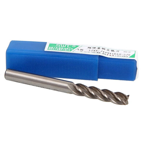 JMIATRY 1/4 in 4-flute HSS end mill in blue plastic storage box
