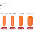 Orange Vinyl Round End Cap Set 40 Pcs In Three Thirty-Second Inch, One Eighth Inch, Five Thirty-Second Inch, And One Quarter Inch Inner Diameters For Furniture Feet And Chair Legs, Floor Scratch Prevention, Screw Thread Protectors, Assortment Kit displayed with various sizes in mm and inch and sets of 10 pieces each.