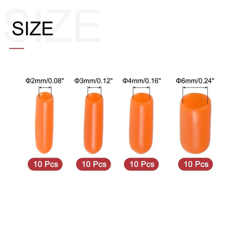 Orange Vinyl Round End Cap Set 40 Pcs In Three Thirty-Second Inch, One Eighth Inch, Five Thirty-Second Inch, And One Quarter Inch Inner Diameters For Furniture Feet And Chair Legs, Floor Scratch Prevention, Screw Thread Protectors, Assortment Kit displayed with various sizes in mm and inch and sets of 10 pieces each.