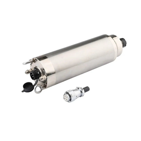 Beefy 5.5kW Water Cooled CNC Spindle Motor For Metal Engraving, shown with connector, high speed, quiet operation.