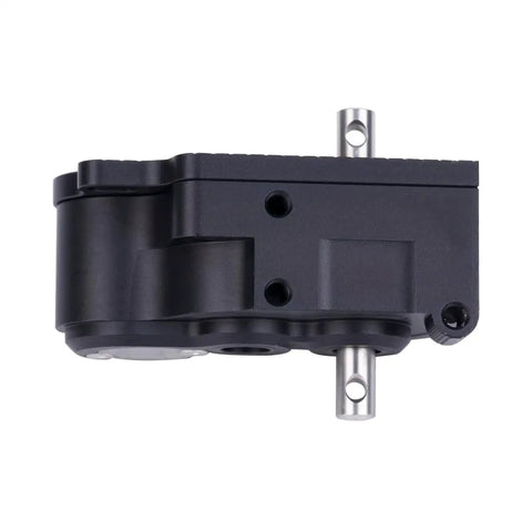 Front view of Low Center Of Gravity Metal Transmission Gearbox For One Tenth RC Crawlers Sealed R2 Gearbox With Steel Gears Sand Proof And Dust Proof Crawler Transmission For Capra Axle DIY Chassis Black.
