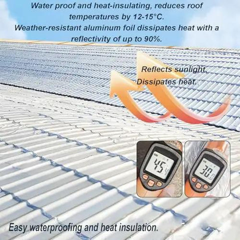 Brick Tough Self Adhesive Roof Repair Tape, Waterproof Asphalt Shingle And Bitumen Sealant Roll, UV Shield Aluminum Foil showing heat insulation and roof waterproofing.