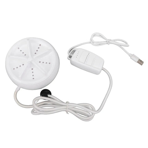 Compact Portable Mini Washing Machine With Turbine Tech For Clothes And Dishes Featuring Remote Control And Four Speeds, USB, and control panel.