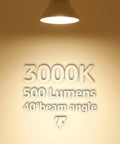 12 Pack PAR20 LED Bulbs 6.5W 500 Lumens Dimmable Spotlight Bulbs 3000K Warm White CRI 90 E26 Base UL Listed Flicker Free For Recessed And Track Lighting Budget Friendly Home Accent Lighting. Image shows light with 3000K, 500 lumens, 40° beam details.