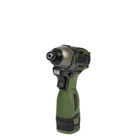 Kickin Power Cordless Brushless Drill 140Nm Impact Driver With Tough As Nails Metal Ratchet Chuck, green handle, side view.