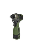 Reliable Daily Driver Cordless Brushless Electric Drill With Metal Ratchet Chuck And 17 Volt Battery Pack, green handle, compact design.