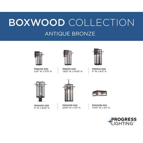Boxwood Collection 1-Light Outdoor Wall Lantern With Clear Seeded Glass, Antique Bronze Finish, Craftsman Style, sizes displayed