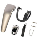 Super Sleek Replacement Gear Shift Knob Handle Cover Kit To Fix Worn Dings And Damage With Easy Install For Many Car Models And Smooth Daily Drives. silver and chrome gear shift knob cover kit with black clips and pins