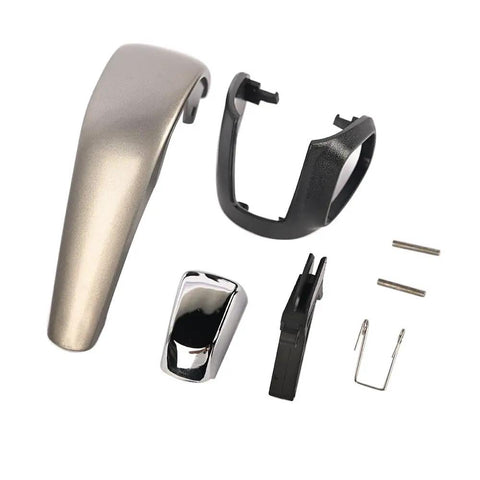 Super Sleek Replacement Gear Shift Knob Handle Cover Kit To Fix Worn Dings And Damage With Easy Install For Many Car Models And Smooth Daily Drives. silver and chrome gear shift knob cover kit with black clips and pins