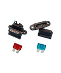 ATC Blade Fuse Holder With Cover Pack of 10 for Car Boat Truck SUV 32V DC Protection, shown with red and blue fuses.
