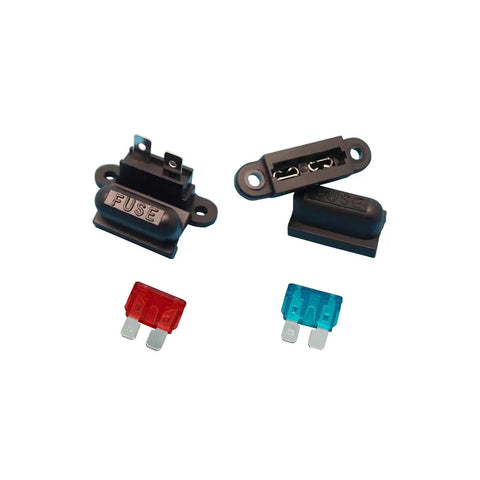 ATC Blade Fuse Holder With Cover Pack of 10 for Car Boat Truck SUV 32V DC Protection, shown with red and blue fuses.