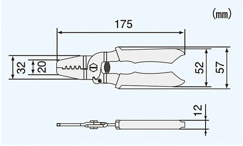 Technical diagram of PA-09 Pro-Grade Precision Micro Connector Crimping Pliers 175mm for AWG 32-20 Wires, showing dimensions.
