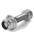 M6 1.0 Nylon Insert Flange Lock Nuts Stainless Steel 304 DIN 6926 Bright Finish, shown at angle with bolt