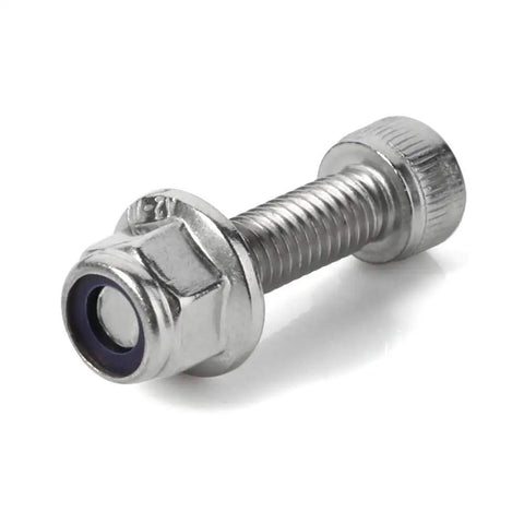 M6 1.0 Nylon Insert Flange Lock Nuts Stainless Steel 304 DIN 6926 Bright Finish, shown at angle with bolt