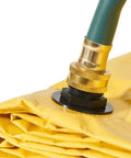 Close-up of a yellow 5x5 Foot Roof Leak Diverter Tarp Vinyl Coated With Heavy Duty Grommets Yellow Rain Catcher For Ceiling Drips connected to a hose.