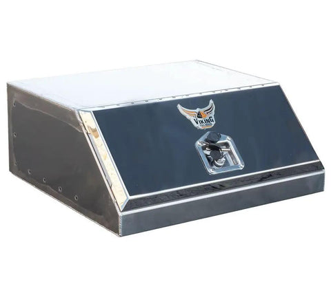 Built To Spec Aluminum Headache Rack And Logger Toolbox Kit For Big Rigs Featuring Dimpled Mirror Finish Flatbed Cargo Setup, Chain Hangers And Secure Handle Locks, aluminum toolbox with logo.