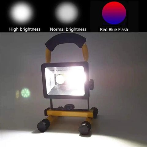 JUDYSSY Portable Led Floodlight Rechargeable Battery with different brightness modes for emergency and construction use.