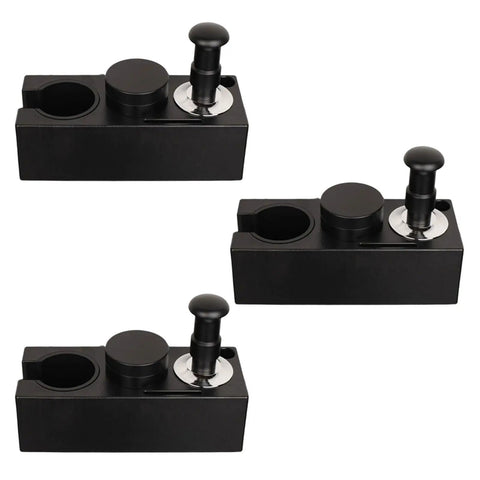 Adjustable Espresso Tamper Base With Dead Simple Leveling And Smart Compartment Storage For 58Mm 53Mm 51Mm Portafilters shown from different angles.