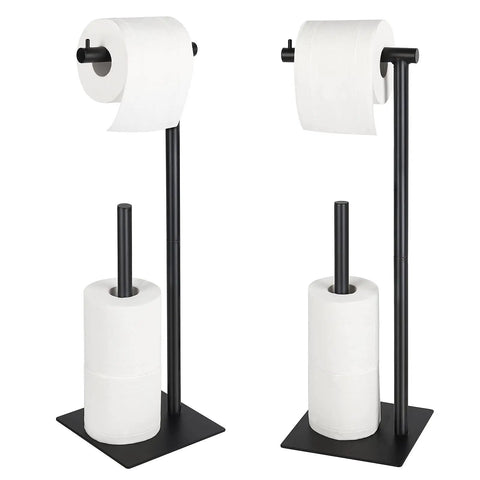 Freestanding Toilet Paper Holder Stand With Storage For Bathroom Black Iron Dispenser No Fuss Minimalist Design Easy Access Roll Holder Rust Resistant Roomy Storage in black iron with additional roll storage.