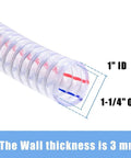 Rugged Heavy Duty PVC Suction Hose One Inch ID By One And A Quarter Inch OD, showing wall thickness and steel wire reinforcement