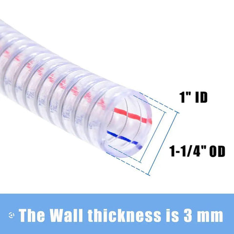 Rugged Heavy Duty PVC Suction Hose One Inch ID By One And A Quarter Inch OD, showing wall thickness and steel wire reinforcement
