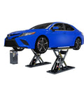 Straight Up Shop Grade 6,000 Lb Open Center Mid Rise Scissor Car Lift with blue Toyota Camry elevated for servicing.
