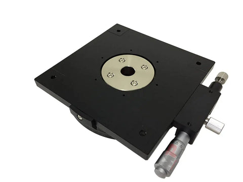 R125B L Manual Rotating Stage With 125 mm Platform Diameter Ball Bearing Construction 360 Degree Coarse Rotation Plus Minus 5 Degree Fine Rotation When Locked 1 Degree Dial Graduations Supports Up To 5 Kg Ideal For X Y Z Rotation Setups, close-up view