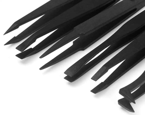 Antistatic Plastic Tweezers Kit For Electronics And Craftwork Handy Precision Black 6 Piece Set Static Safe Pickup Tools shown close-up