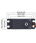 Front view of servo motor with dimensions shown, part of the 5 In 1 Wrecker Kit For 1 To 10 Scale RC Crawlers With Aluminum CNC Build Dual Winch And Servo Brackets Tow Truck Crane Arm Beefed Up Chassis Upgrade For Axial SCX10 D90 TRX4 Capra Low Center Of Gravity