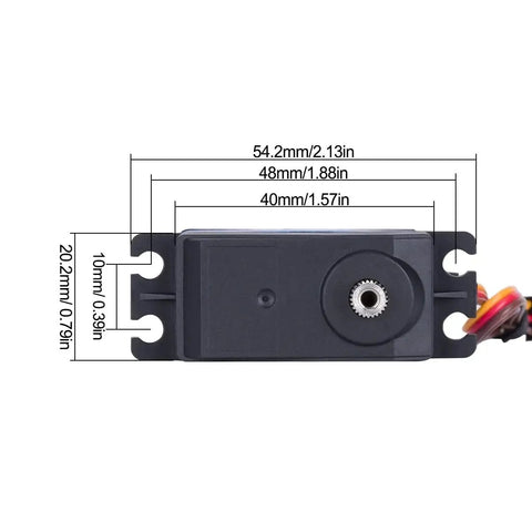 Front view of servo motor with dimensions shown, part of the 5 In 1 Wrecker Kit For 1 To 10 Scale RC Crawlers With Aluminum CNC Build Dual Winch And Servo Brackets Tow Truck Crane Arm Beefed Up Chassis Upgrade For Axial SCX10 D90 TRX4 Capra Low Center Of Gravity