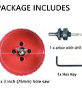 Package includes 3 Inch Hole Saw With Arbor HSS Bi Metal Hole Cutter, drill bit, and hex key for wood and metal
