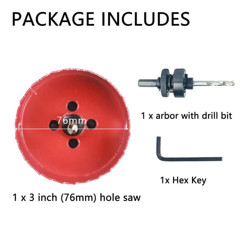 Package includes 3 Inch Hole Saw With Arbor HSS Bi Metal Hole Cutter, drill bit, and hex key for wood and metal