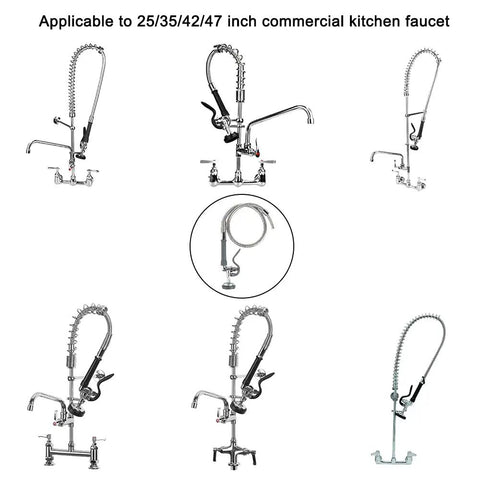 Commercial Sink Sprayer Valve With 44 Inch Hose Replacement Kit For Heavy Duty Restaurants And Professional Kitchen Sinks Includes Free Brass Adapter To Connect Add On Swivel Spout And Durable Stainless Steel Hose displayed with multiple faucet option
