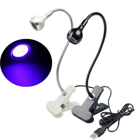 Super Bright 3W Uv Led Desk Lamp With Flexible Gooseneck Clamp Mini Portable Light For Phone Repair Glue Curing And Fluorescent Detection Upgraded Big Chip Makes It Thirty Percent Brighter shown with USB cable and clamp