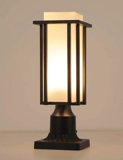 Outdoor Post Light For Patio And Garden, all weather sand black metal lantern with 3 inch base, milk white frosted glass