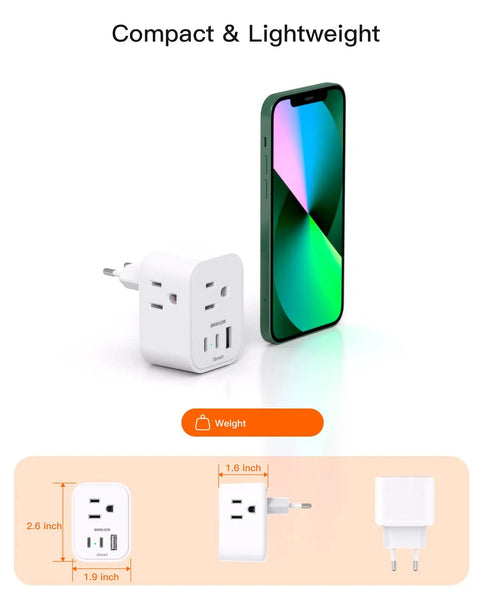 2 Pack European Travel Plug Adapter With 3 Outlets And 3 USB Ports, 2 USB-C, Type C Power Plug beside smartphone, compact size