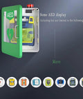 Front view of green wall-mounted AED storage cabinet with transparent door, showing a yellow and blue AED inside.
