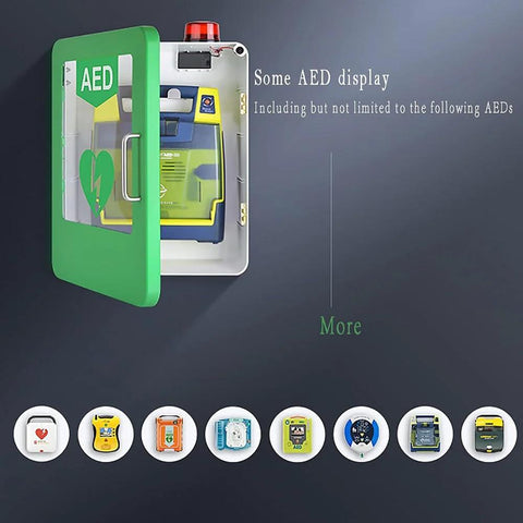 Front view of green wall-mounted AED storage cabinet with transparent door, showing a yellow and blue AED inside.