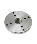 Heavy Duty 4 Inch Wood Lathe Face Plate With Compatible M33 M18 And 1 X 8 Tpi Threads Built Tough Steel Construction. Close-up view showing threaded center and holes for mounting.