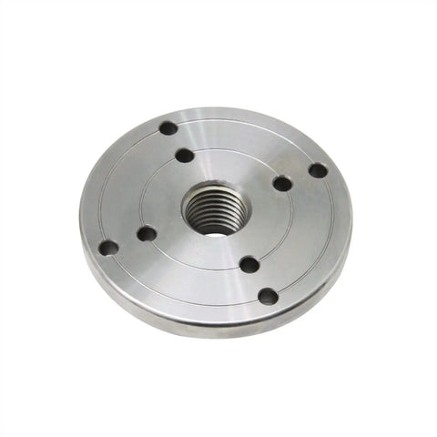 Heavy Duty 4 Inch Wood Lathe Face Plate With Compatible M33 M18 And 1 X 8 Tpi Threads Built Tough Steel Construction. Close-up view showing threaded center and holes for mounting.